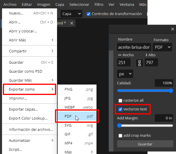 photopea exportar pdf vectorizar texto